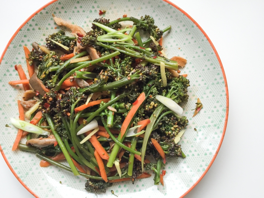 quick fried broccolini and oyster mushrooms in chili bean sauce recipe