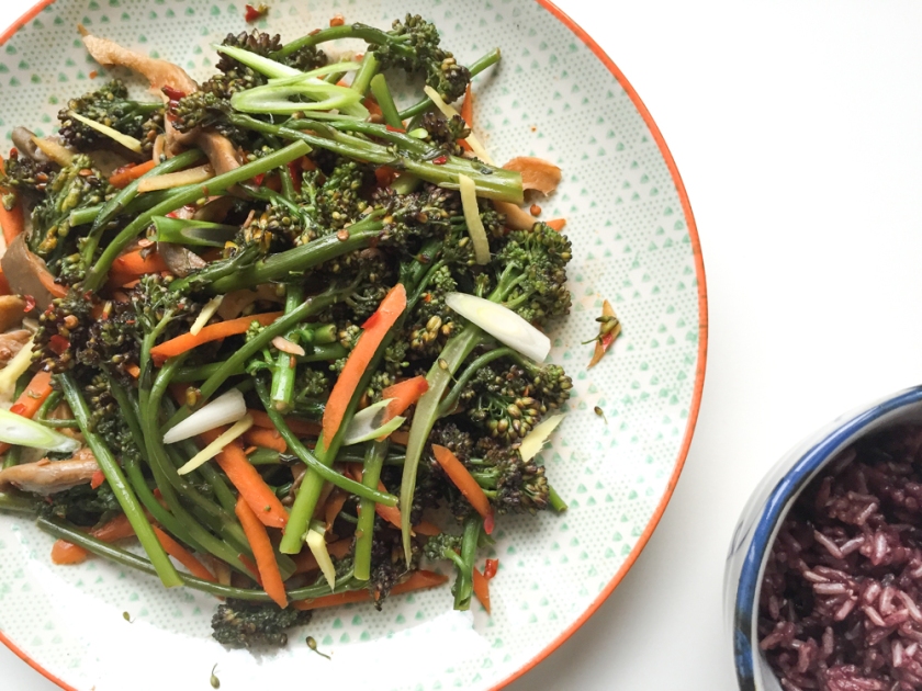 quick fried broccolini and oyster mushrooms in chili bean sauce recipe