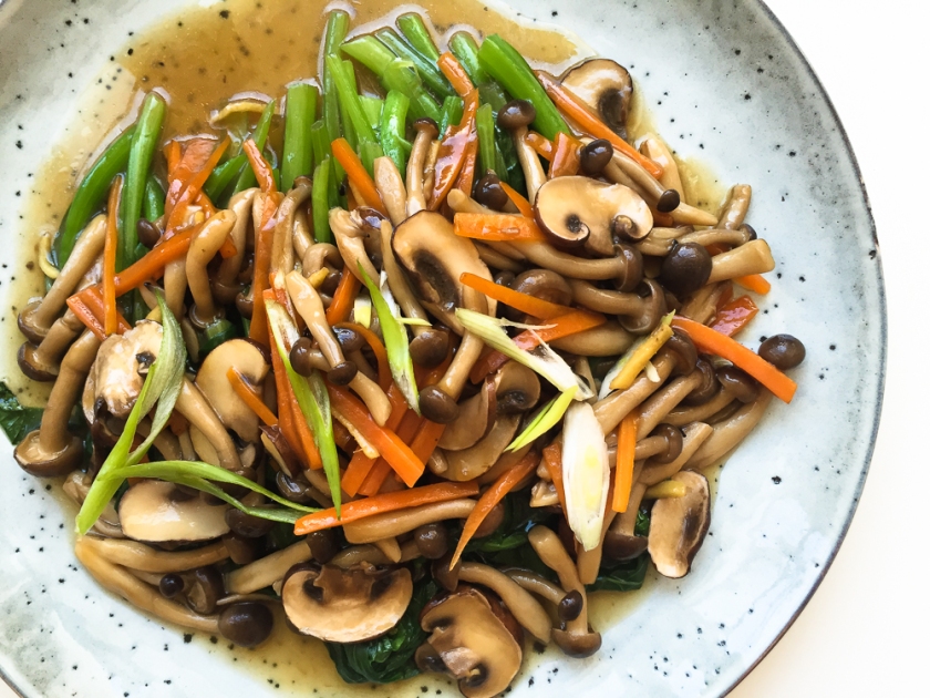 Braised Mixed Mushrooms with Chinese Greens recipe