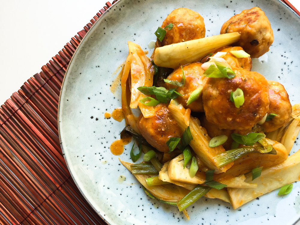 Braised Chicken Meatballs and Fennel with Miso Gochujang recipe